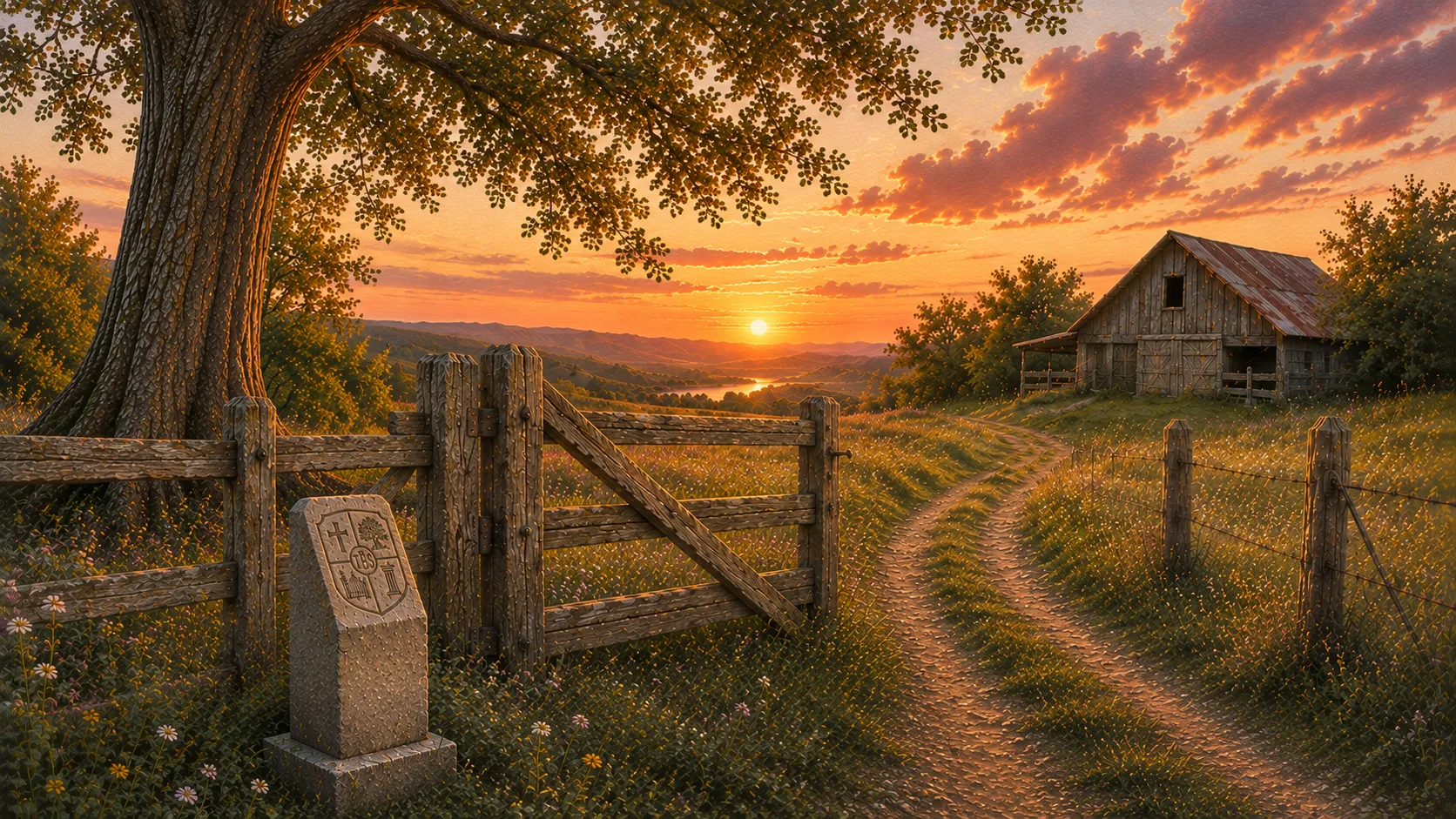 Sunset over a gated ranch path at Possum Kingdom Lake